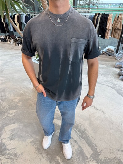 Gri Yıkamalı Cepli T-Shirt E7165