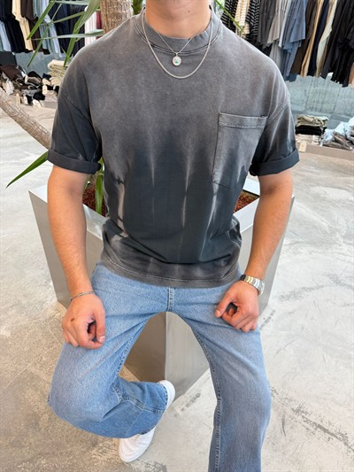 Gri Yıkamalı Cepli T-Shirt E7165