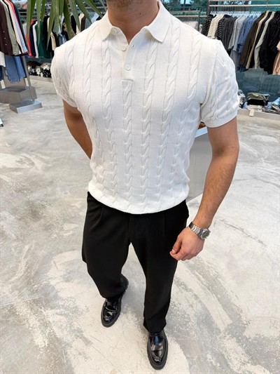 GST Beyaz Etnik Desen Yakalı Triko -18347