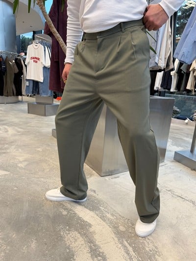Haki Pileli Baggy Kumaş Pantolon -S4032