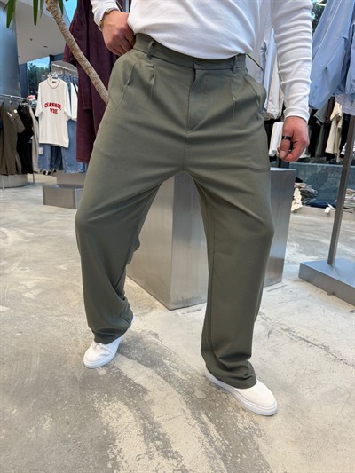 Haki Pileli Baggy Kumaş Pantolon -S4032