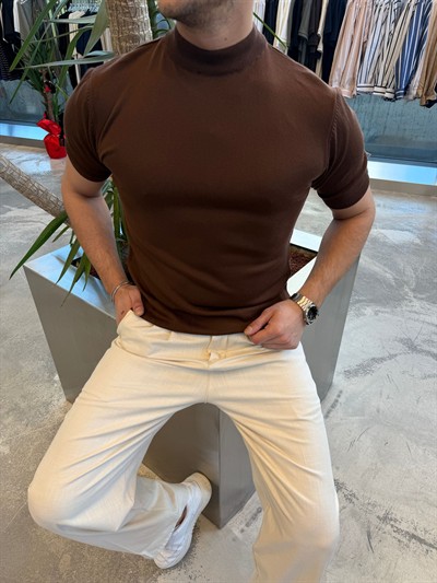 Kahverengi Balıkçı Yaka Triko Kumaş T-shirt -S7012