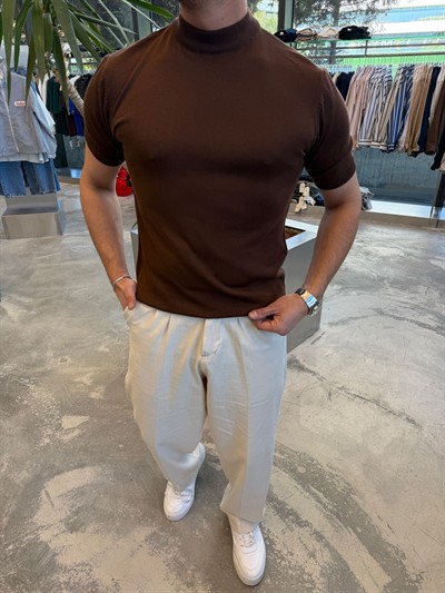 Kahverengi Balıkçı Yaka Triko Kumaş T-shirt -S7012