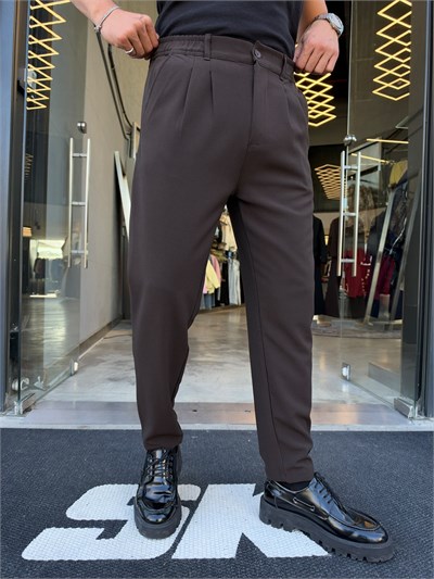 Kahverengi Çift Pile Bel Lastik Pantolon KP15