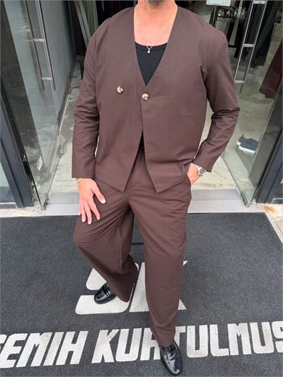 Kahverengi Gabardin Tek Düğme İspanyol Takım EK24
