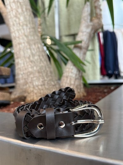 Kahverengi Hakiki Deri Hasır Kemer