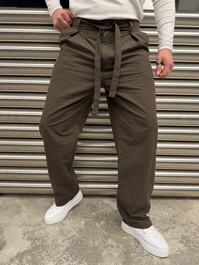 Kahverengi Kuşaklı Model Kumaş Pantolon -2512-261063