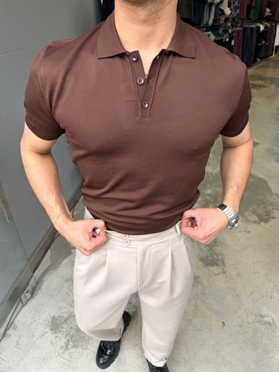 Kahverengi Pamuk Elmas Kumaş Premium Kalite Yakalı T-Shirt SNZ1015