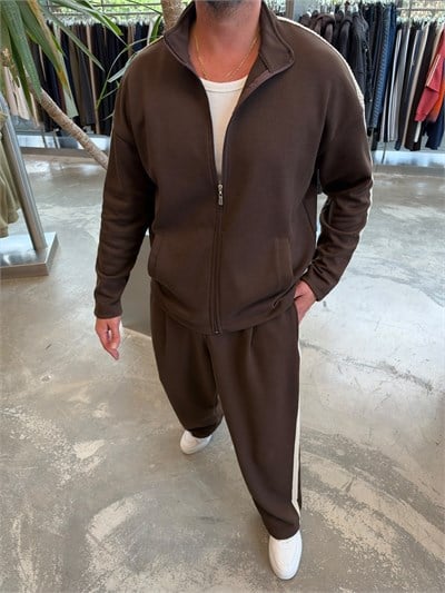 Kahverengi Pike Kumaş Şerit Detay Takım SK26