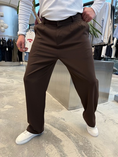 Kahverengi Pileli Baggy Kumaş Pantolon -S4032