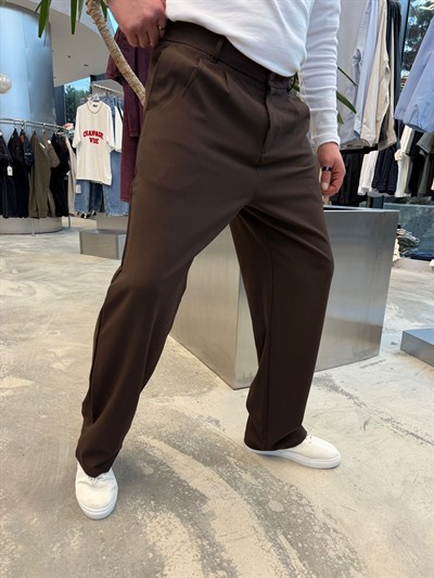 Kahverengi Pileli Baggy Kumaş Pantolon -S4032