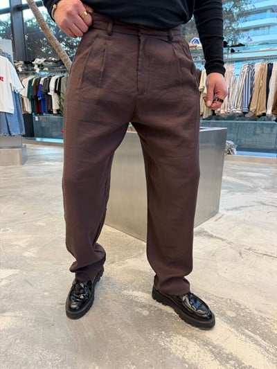 Kahverengi Tansel Kumaş Baggy Pantolon -W5039