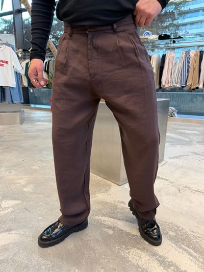 Kahverengi Tansel Kumaş Baggy Pantolon -W5039