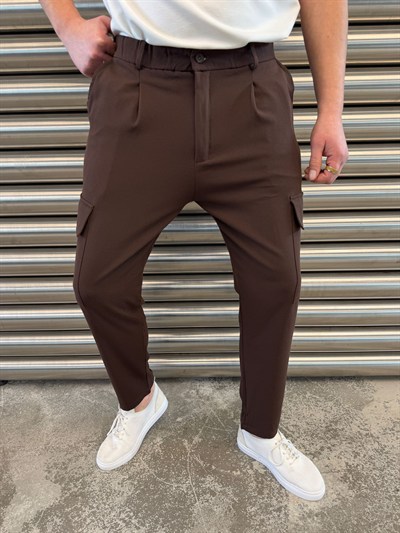 kahverengi  Yan Cepli Havuç Kesim Kumaş Pantolon -W5023