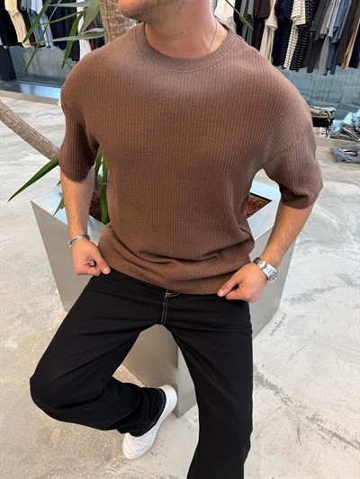 Kahverengi Yıkamalı İthal Kumaş T-Shirt -E71-62