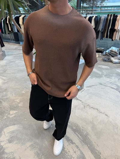 Kahverengi Yıkamalı İthal Kumaş T-Shirt -E71-62