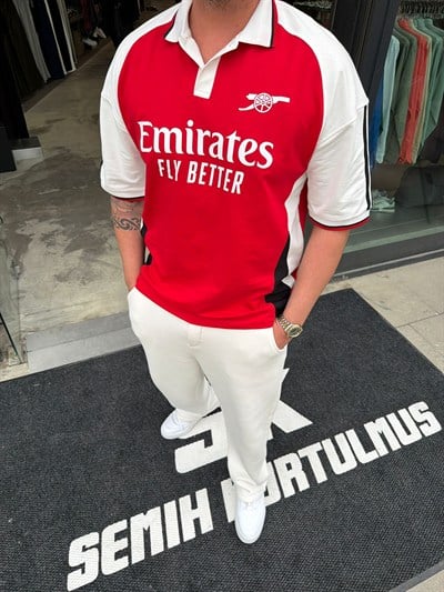 Kırmızı Yıkamalı Forma T-Shirt 