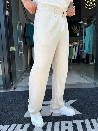 Krem %100 Pamuk Keten GG Pantolon