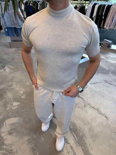 Krem Balıkçı Yaka Triko Kumaş T-shirt -S7012