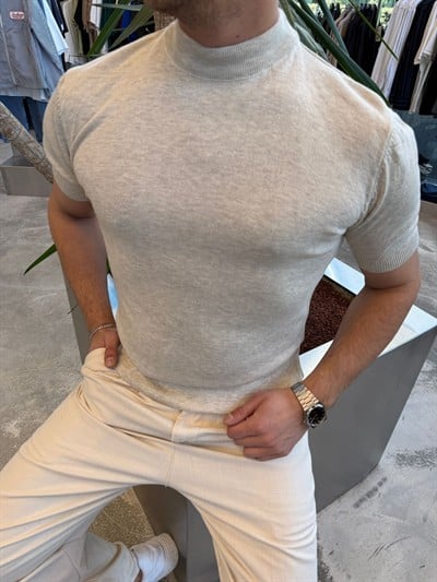 Krem Balıkçı Yaka Triko Kumaş T-shirt -S7012