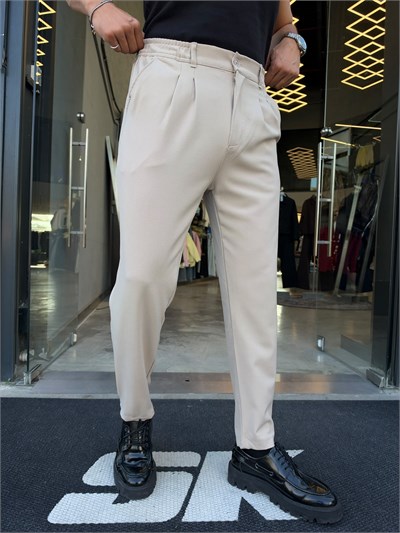 Krem Çift Pile Bel Lastik Pantolon KP15