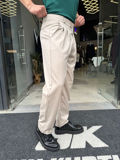 Krem Double Paça Premium Kalite Çift Düğmeli Pantolon -RT4017