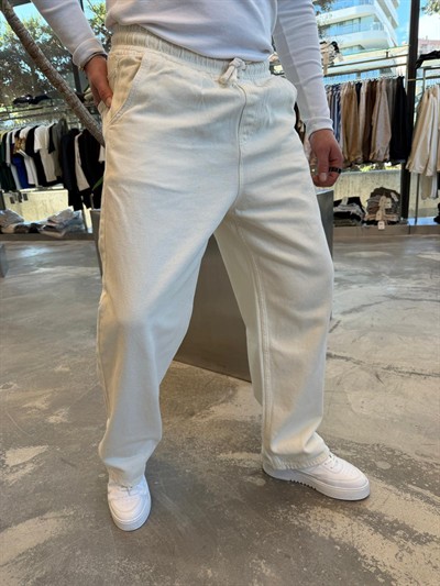 Krem Gabardin Kumaş Baggy Pantolon -W860