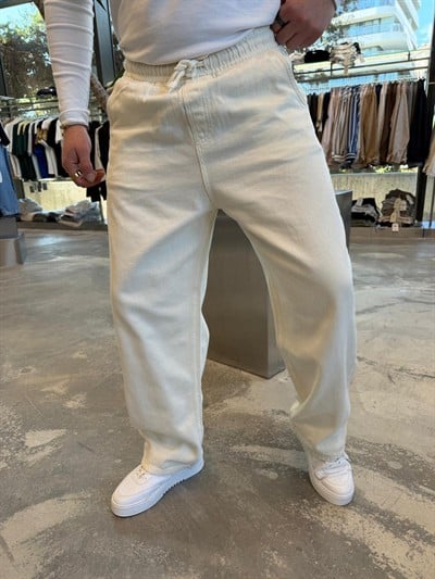 Krem Gabardin Kumaş Baggy Pantolon -W860