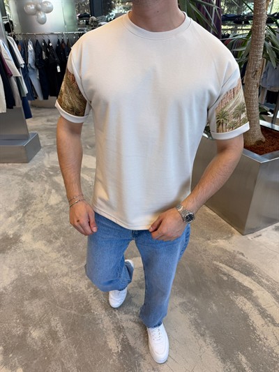 Krem Kol Detaylı T-Shirt -SNZ1334