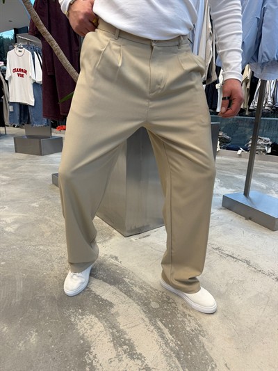 Krem Pileli Baggy Kumaş Pantolon -S4032
