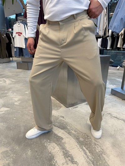 Krem Pileli Baggy Kumaş Pantolon -S4032