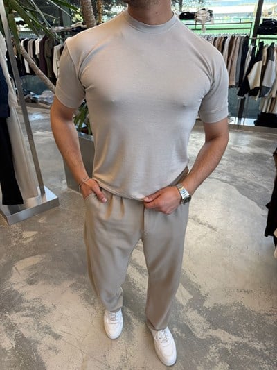 Krem Ribanalı Modal Pamuklu Kumaş T-Shirt -N902