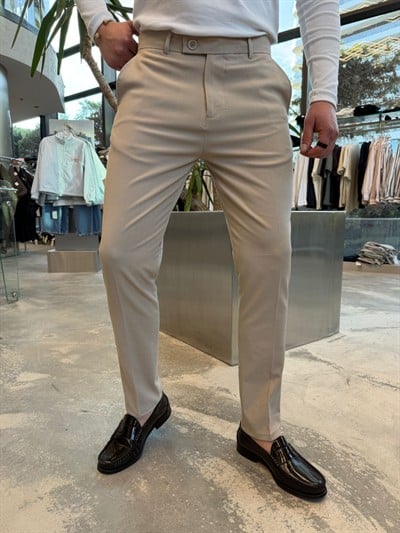 Krem Tek Düğme Kumaş Pantolon -SPF4007