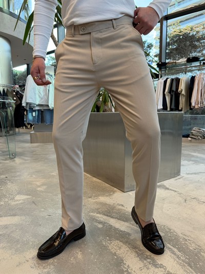 Krem Tek Düğme Kumaş Pantolon -SPF4007