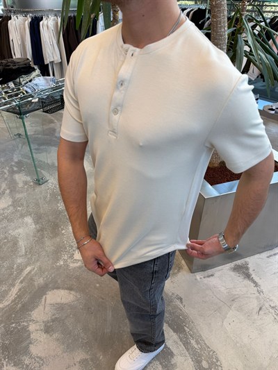 Krem Yaka Düğmeli Modal T-Shirt -SPF3045