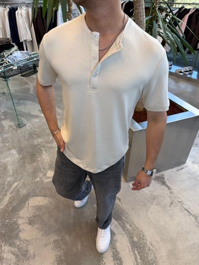 Krem Yaka Düğmeli Modal T-Shirt -SPF3045