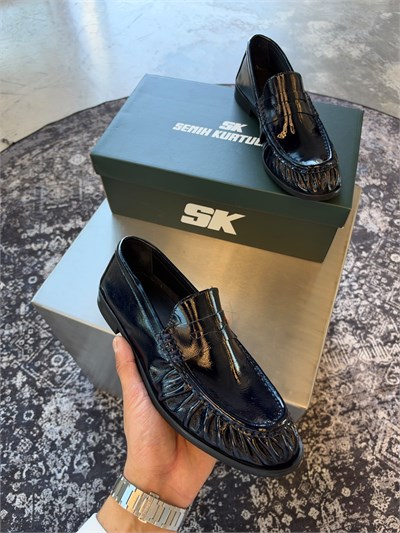 Lacivert %100 Dana Derisi Büzgülü Loafer SK-99