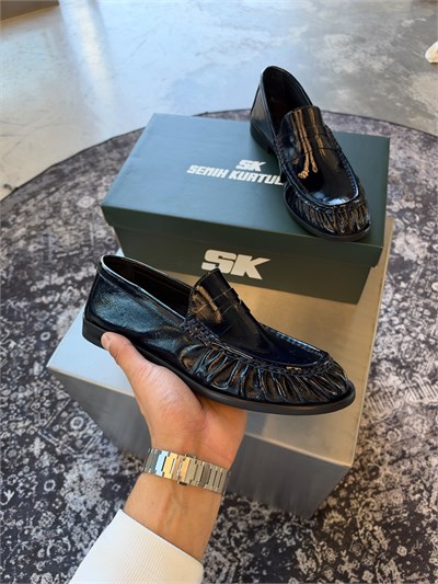 Lacivert %100 Dana Derisi Büzgülü Loafer SK-99