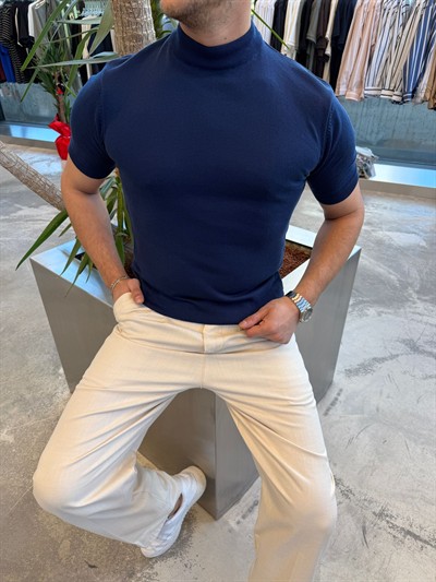 Lacivert Balıkçı Yaka Triko Kumaş T-shirt -S7012