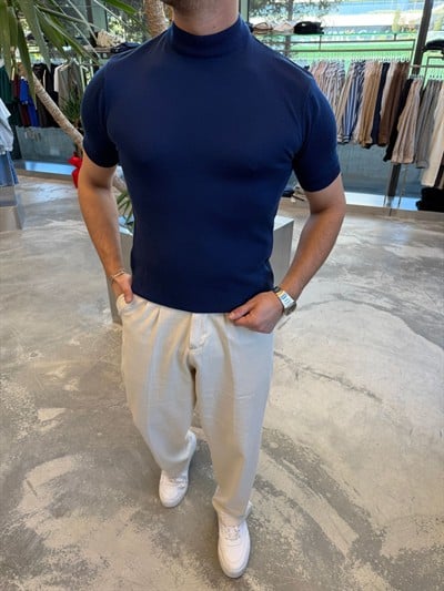 Lacivert Balıkçı Yaka Triko Kumaş T-shirt -S7012