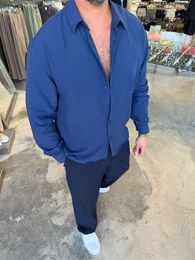 Lacivert Bambu Keten Gömlek SPF5005