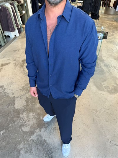 Lacivert Bambu Keten Gömlek SPF5005