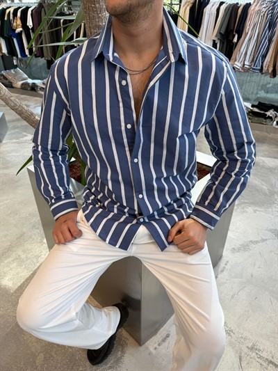 Lacivert Beyaz Çizgili Gömlek E40-29