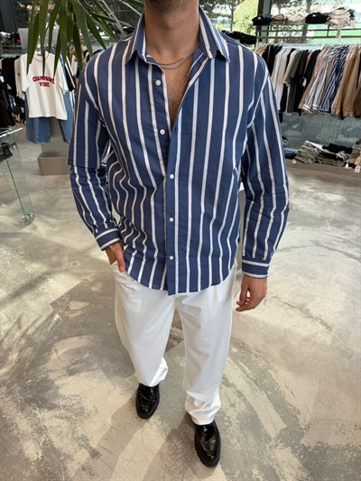 Lacivert Beyaz Çizgili Gömlek E40-29