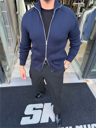 Lacivert Çelik Örme Çift Fermuar Hırka MR2850