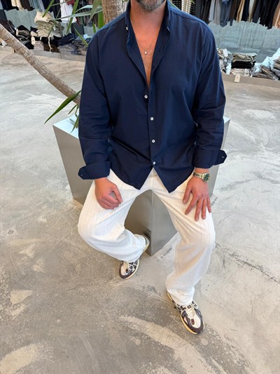 Lacivert Fresh Keten Gömlek -G5138