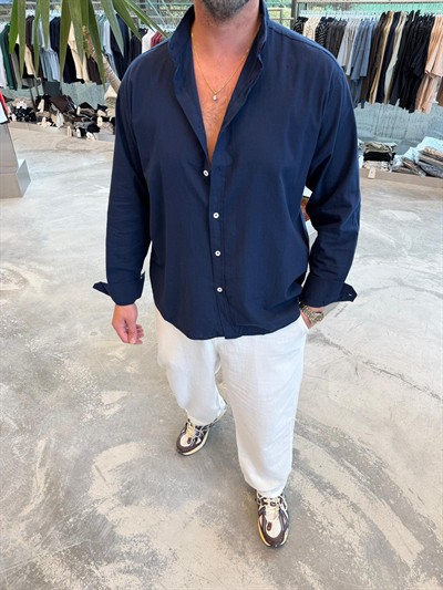 Lacivert Fresh Keten Gömlek -G5138