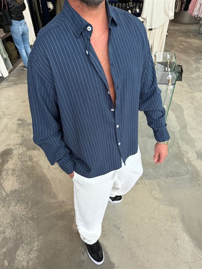 Lacivert GG Çizgili Keten Gömlek