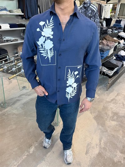 Lacivert Kadife Baskılı Gömlek 