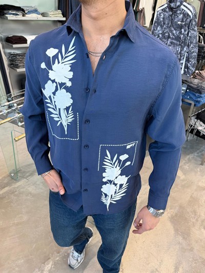 Lacivert Kadife Baskılı Gömlek 